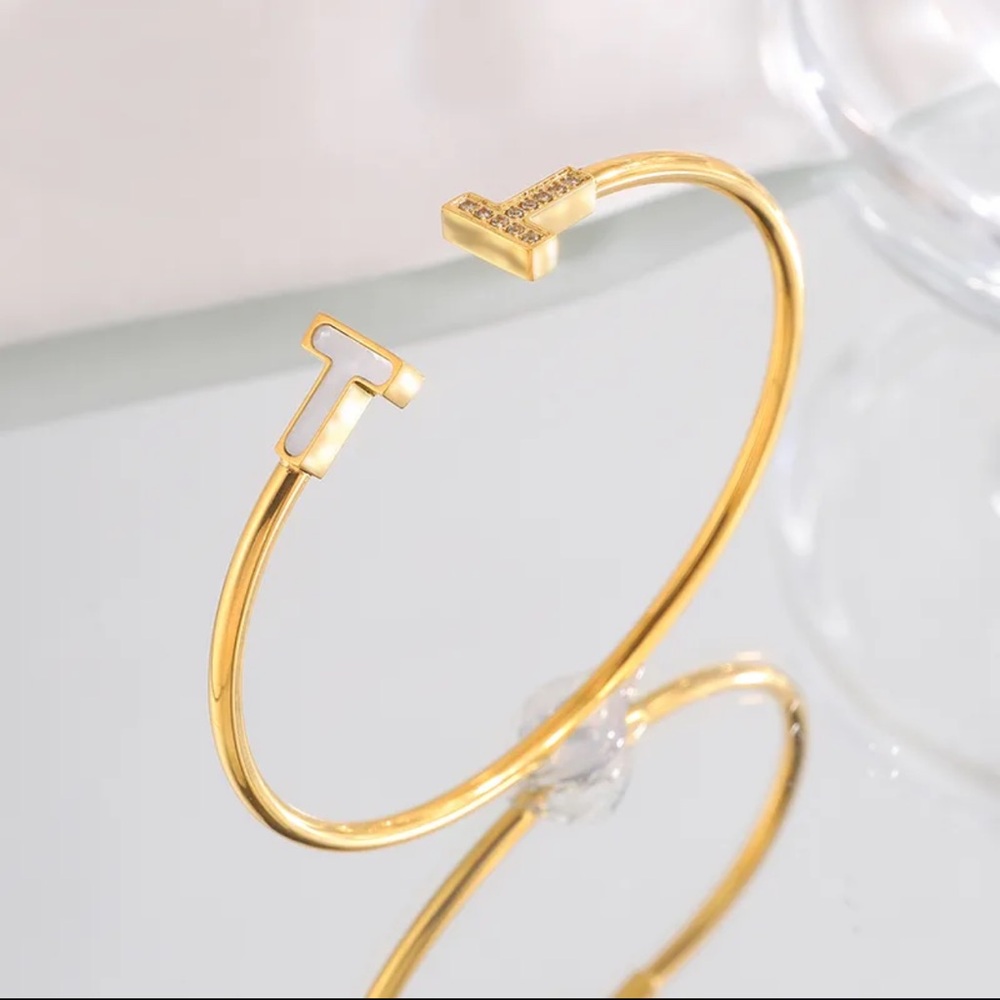 Gold Double T Wire Open Cuff Bangle Bracelet - Mother of Pearl & CZ Accent